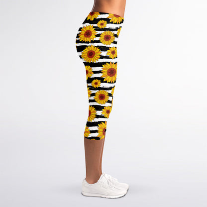 White And Black Stripe Sunflower Print Women's Capri Leggings