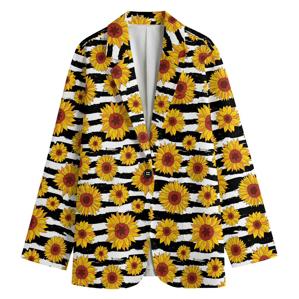 White And Black Stripe Sunflower Print Women's Cotton Blazer