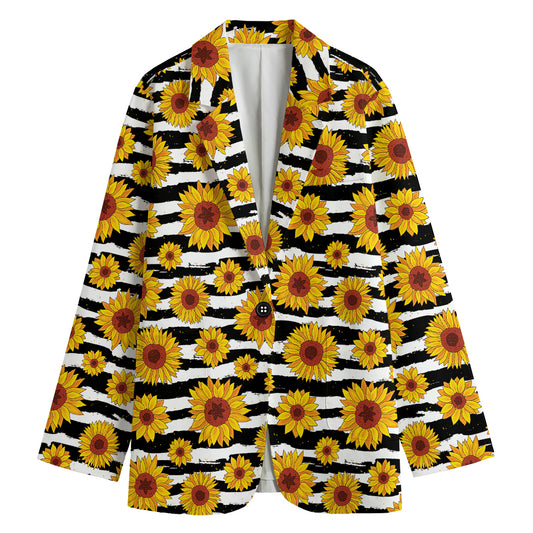 White And Black Stripe Sunflower Print Women's Cotton Blazer