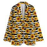 White And Black Stripe Sunflower Print Women's Cotton Blazer
