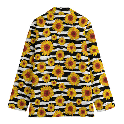 White And Black Stripe Sunflower Print Women's Cotton Blazer