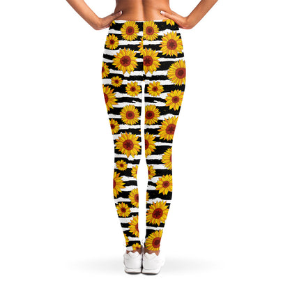 White And Black Stripe Sunflower Print Women's Leggings