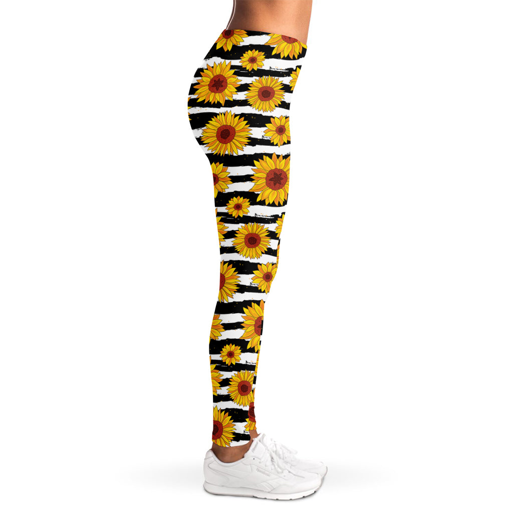 White And Black Stripe Sunflower Print Women's Leggings