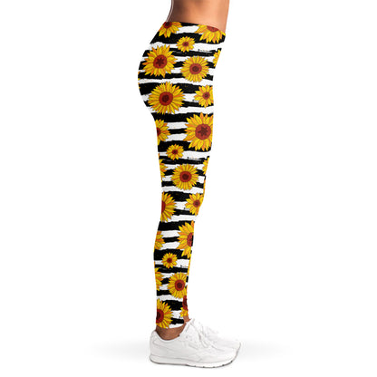 White And Black Stripe Sunflower Print Women's Leggings