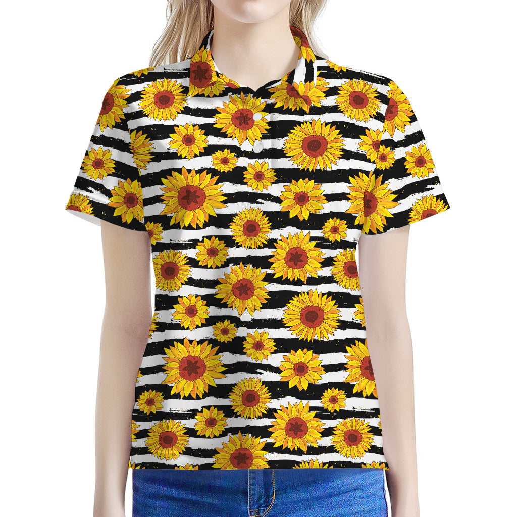 White And Black Stripe Sunflower Print Women's Polo Shirt