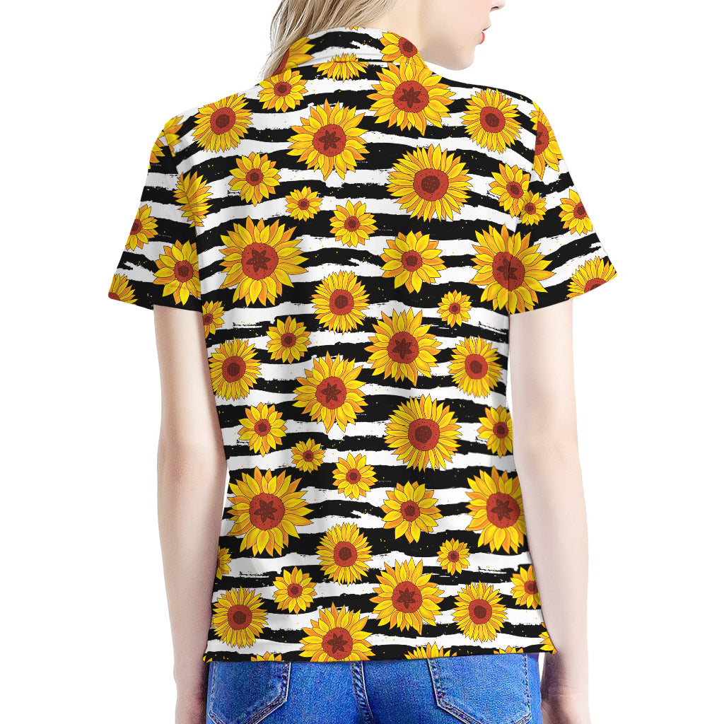 White And Black Stripe Sunflower Print Women's Polo Shirt