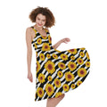 White And Black Stripe Sunflower Print Sleeveless Knee Length Dress