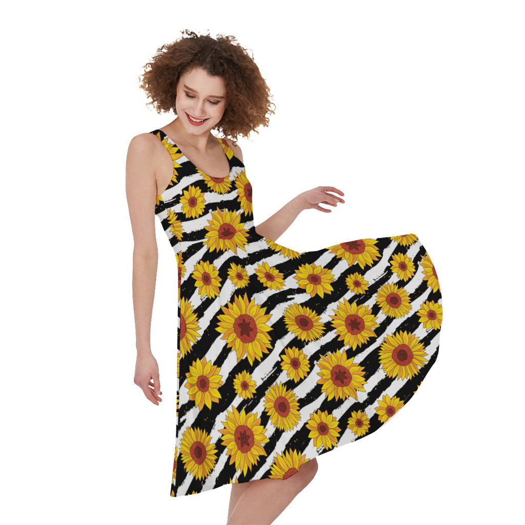 White And Black Stripe Sunflower Print Women's Sleeveless Dress