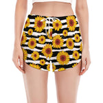 White And Black Stripe Sunflower Print Women's Split Running Shorts