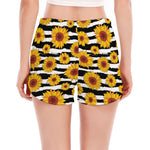 White And Black Stripe Sunflower Print Women's Split Running Shorts