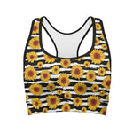 White And Black Stripe Sunflower Print Women's Sports Bra