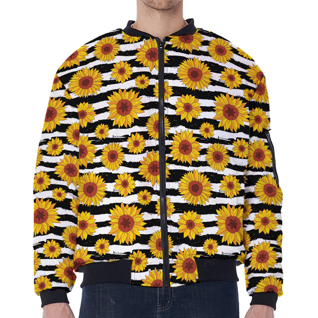 White And Black Stripe Sunflower Print Zip Sleeve Bomber Jacket