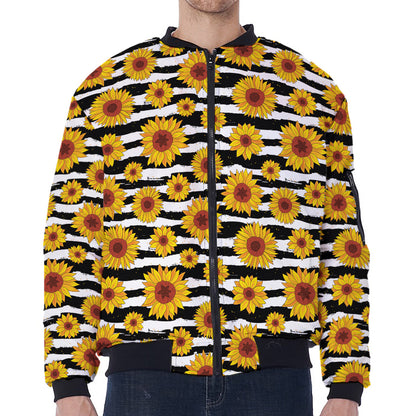 White And Black Stripe Sunflower Print Zip Sleeve Bomber Jacket