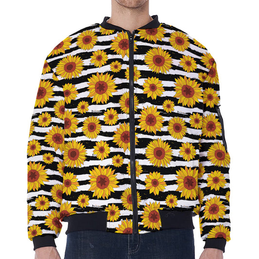 White And Black Stripe Sunflower Print Zip Sleeve Bomber Jacket