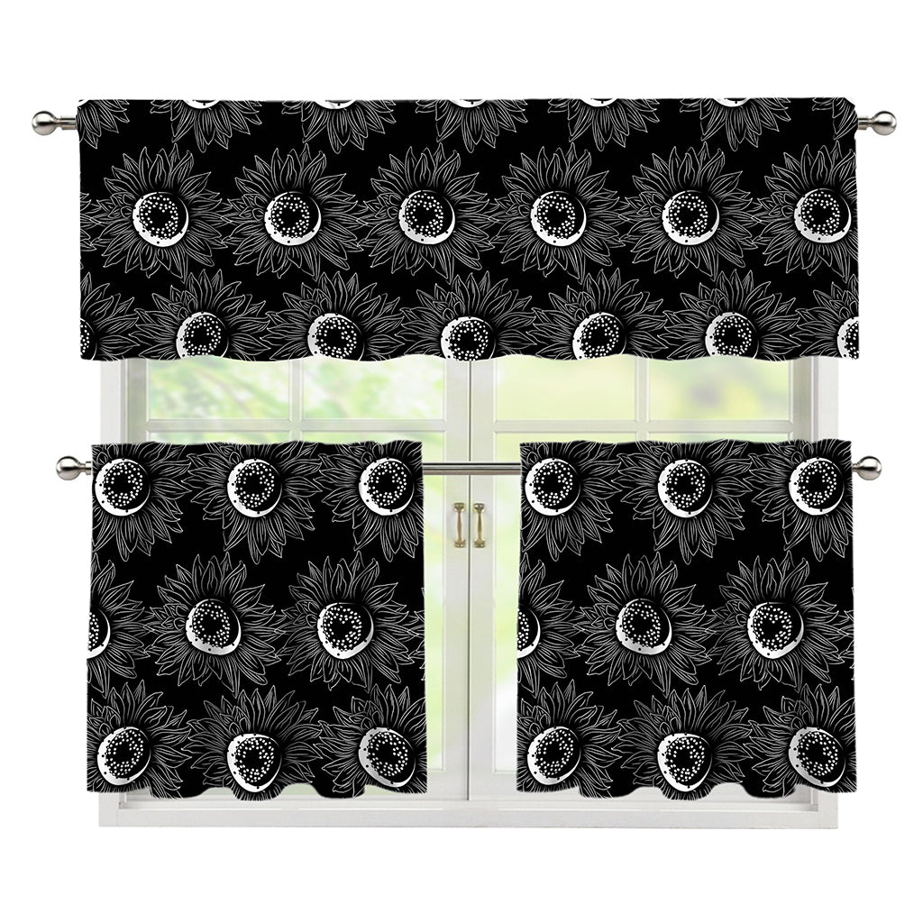 White And Black Sunflower Pattern Print 3 Piece Kitchen Curtains