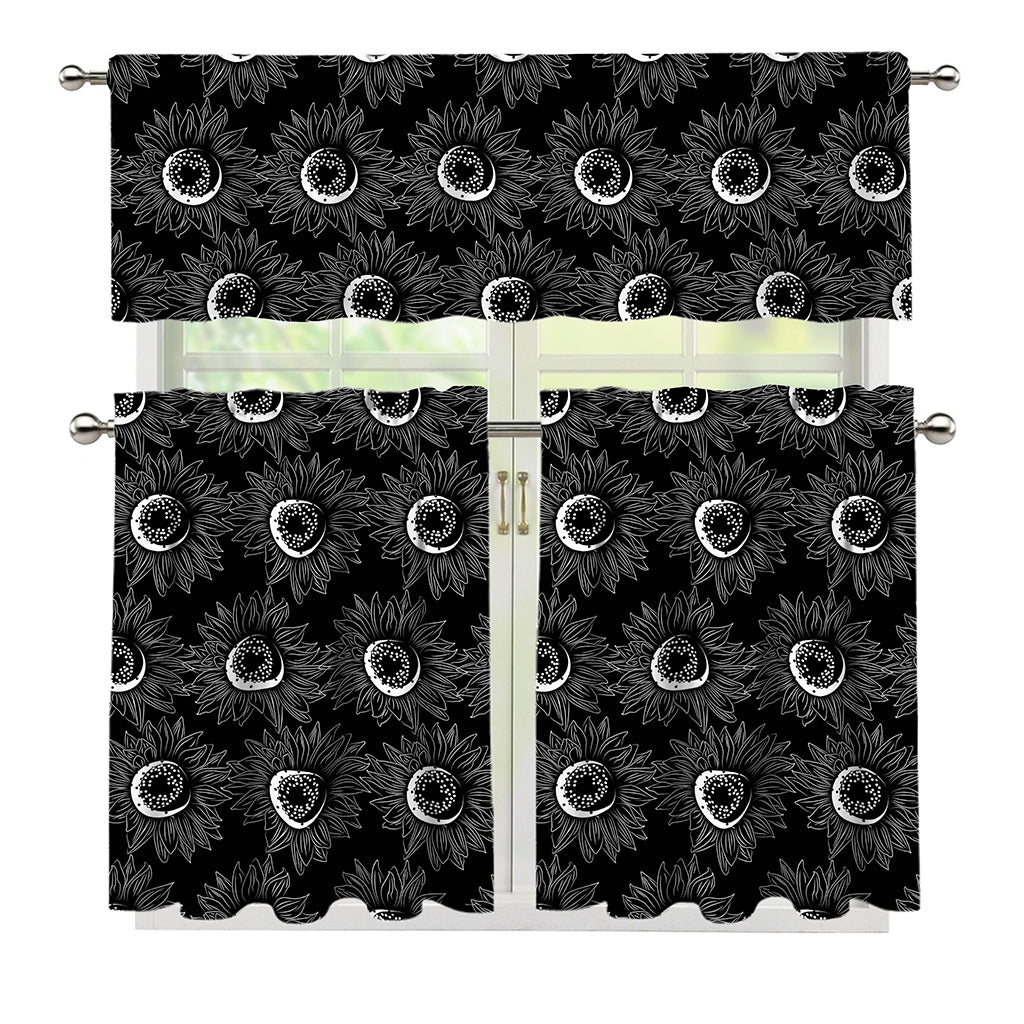 White And Black Sunflower Pattern Print 3 Piece Kitchen Curtains