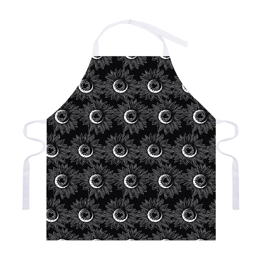 White And Black Sunflower Pattern Print Adjustable Apron