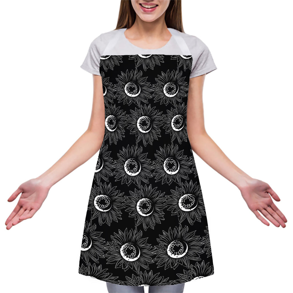 White And Black Sunflower Pattern Print Adjustable Apron