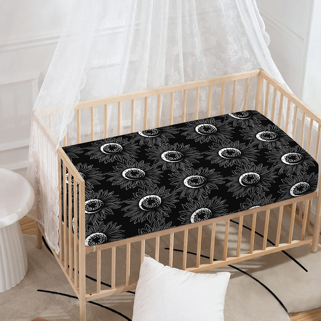 White And Black Sunflower Pattern Print Baby Crib Sheet