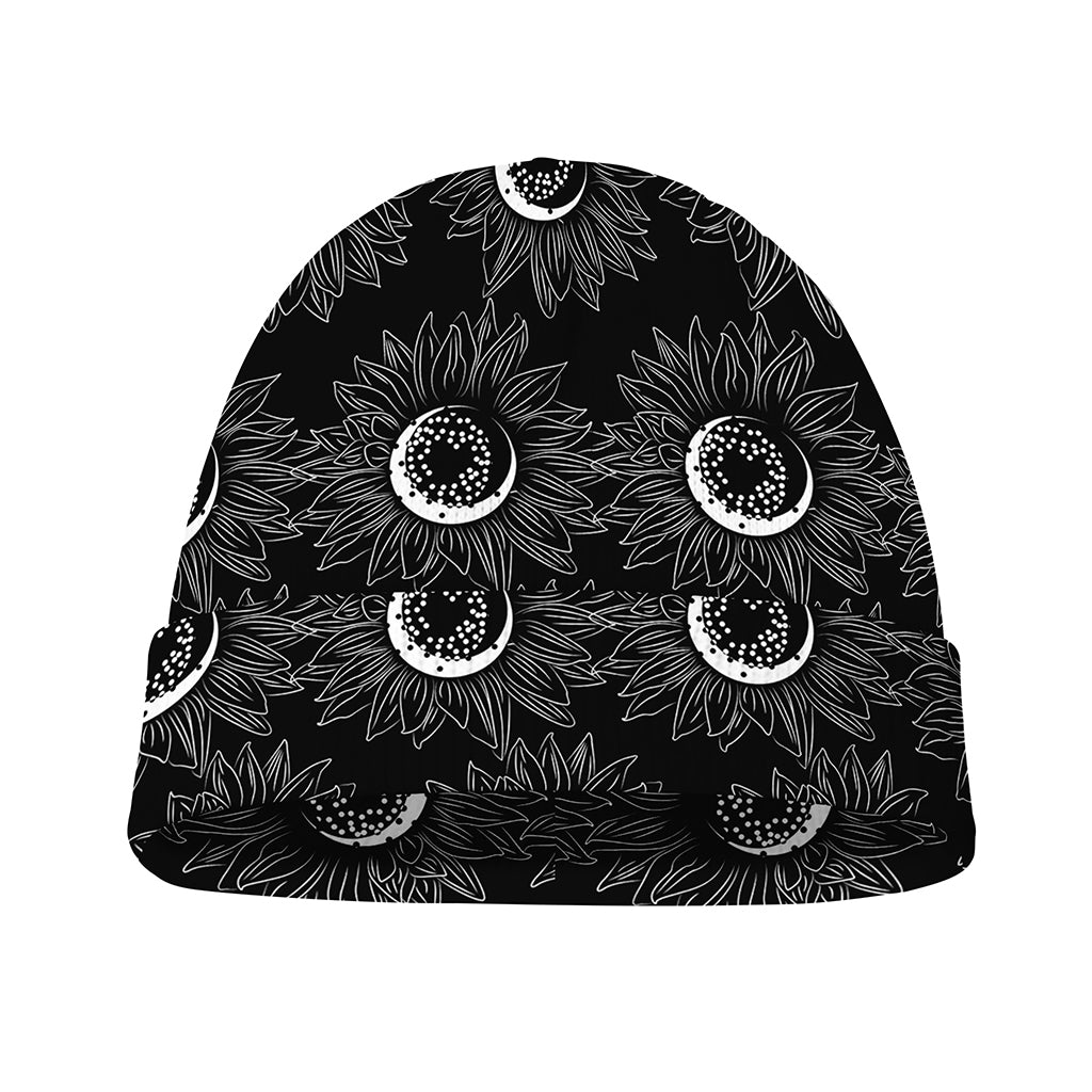 White And Black Sunflower Pattern Print Beanie