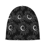 White And Black Sunflower Pattern Print Beanie