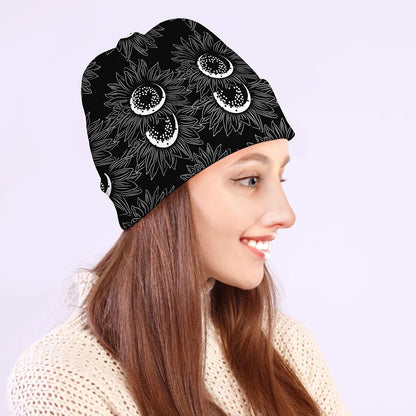 White And Black Sunflower Pattern Print Beanie