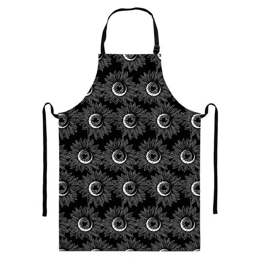 White And Black Sunflower Pattern Print Bib Apron With Pocket