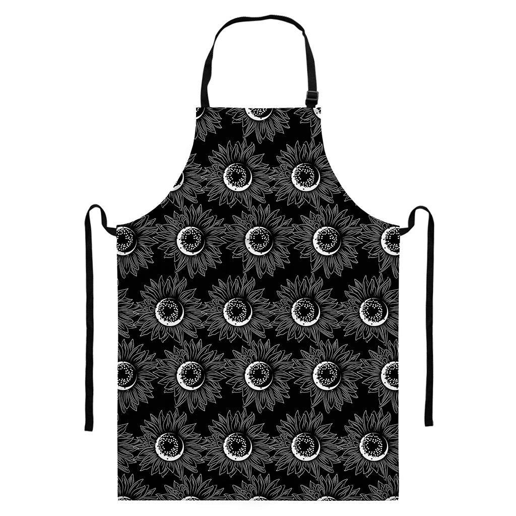 White And Black Sunflower Pattern Print Bib Apron With Pocket