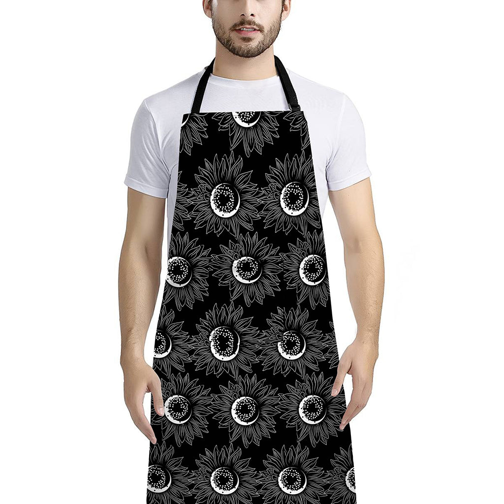White And Black Sunflower Pattern Print Bib Apron With Pocket