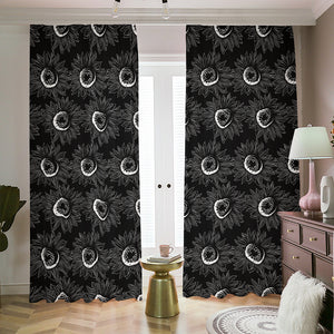 White And Black Sunflower Pattern Print Blackout Pencil Pleat Curtains