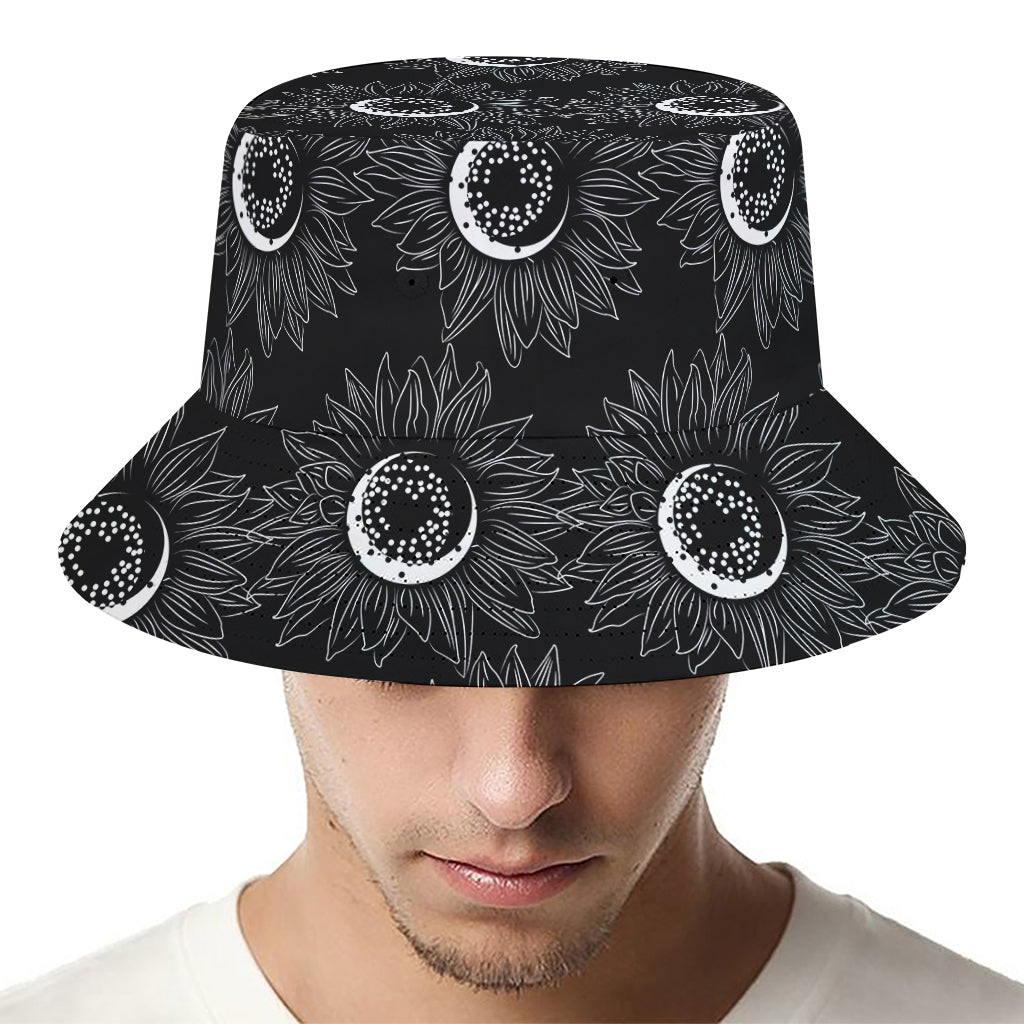 White And Black Sunflower Pattern Print Bucket Hat