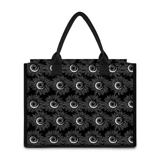 White And Black Sunflower Pattern Print Canvas Tote Bag