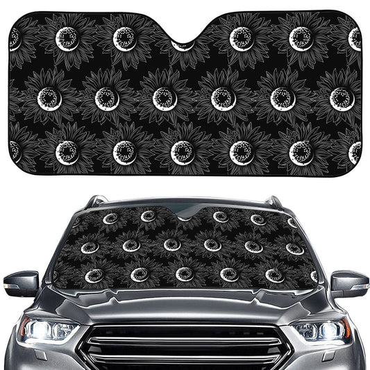 White And Black Sunflower Pattern Print Car Windshield Sun Shade