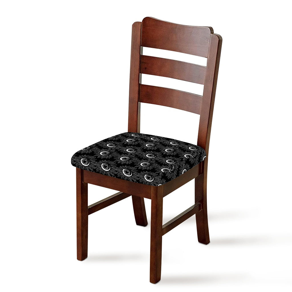 White And Black Sunflower Pattern Print Chair Cushion Cover