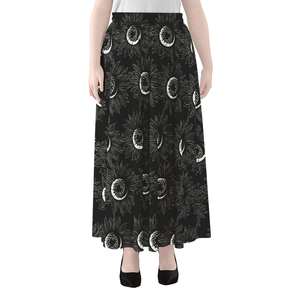 White And Black Sunflower Pattern Print Chiffon Maxi Skirt