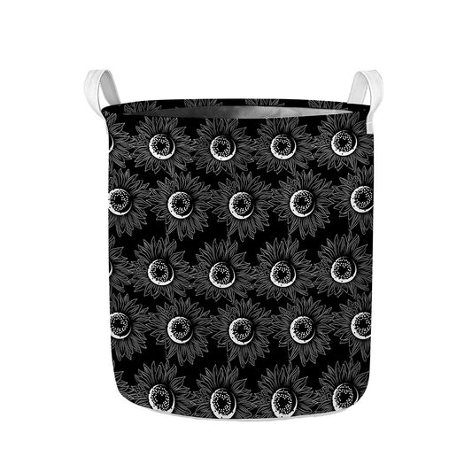 White And Black Sunflower Pattern Print Collapsible Laundry Basket