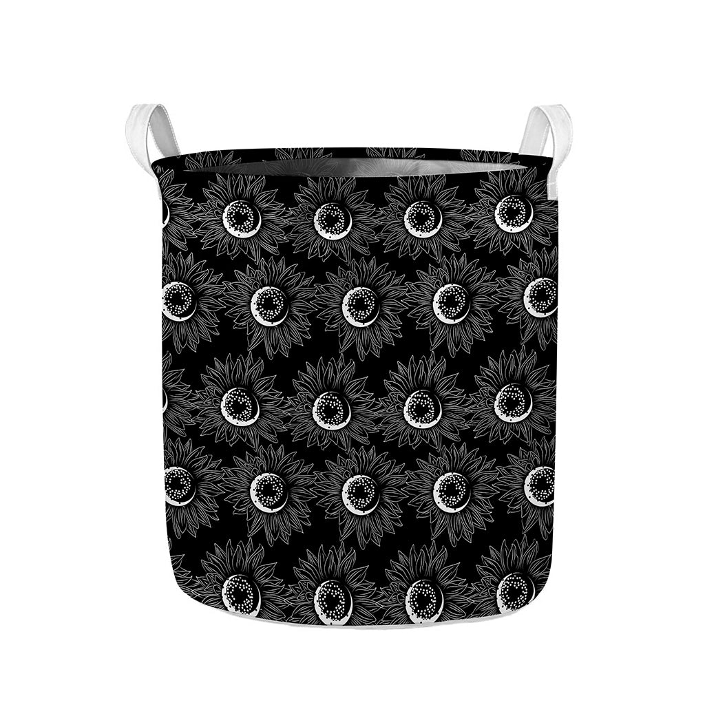 White And Black Sunflower Pattern Print Collapsible Laundry Basket