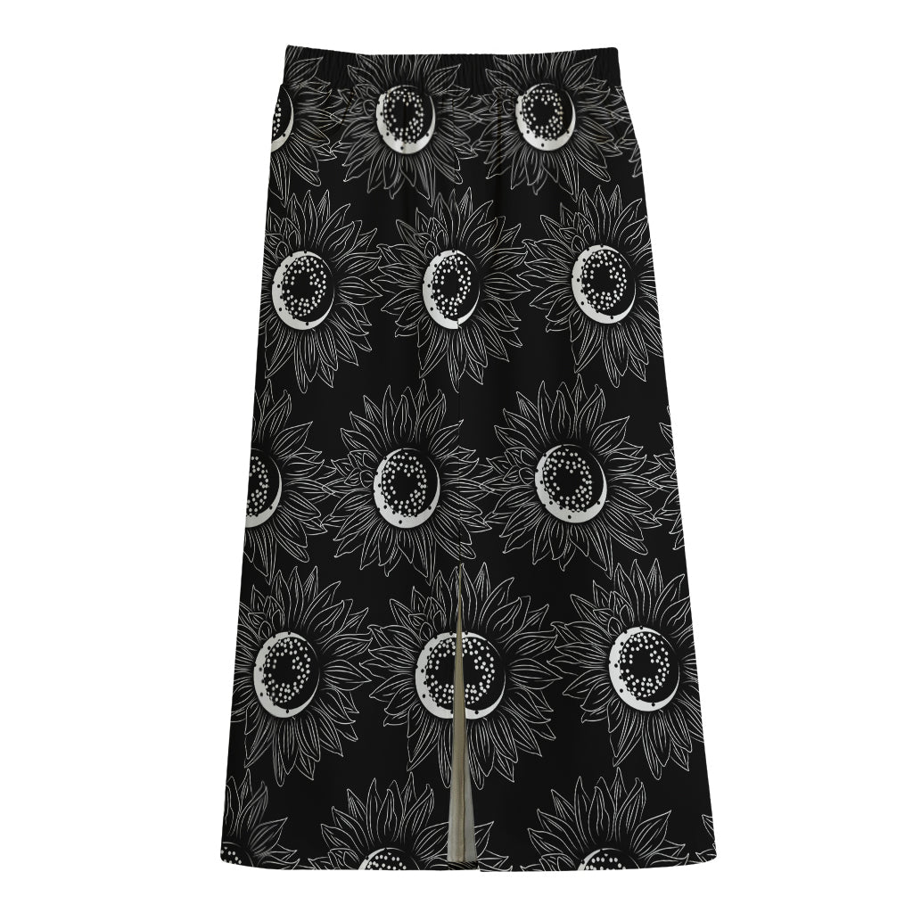 White And Black Sunflower Pattern Print Cotton Front Slit Maxi Skirt