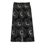 White And Black Sunflower Pattern Print Cotton Front Slit Maxi Skirt