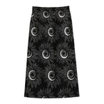 White And Black Sunflower Pattern Print Cotton Front Slit Maxi Skirt