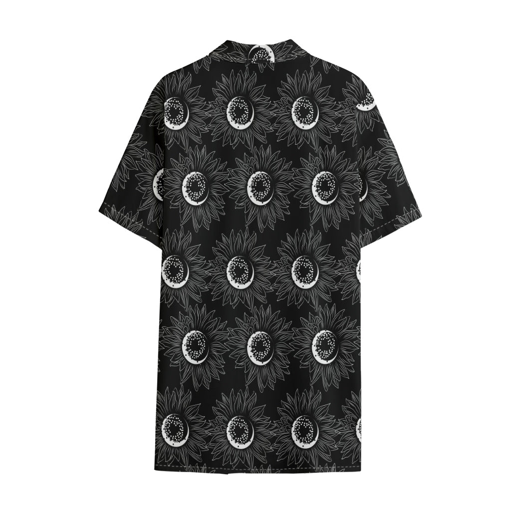 White And Black Sunflower Pattern Print Cotton Hawaiian Shirt