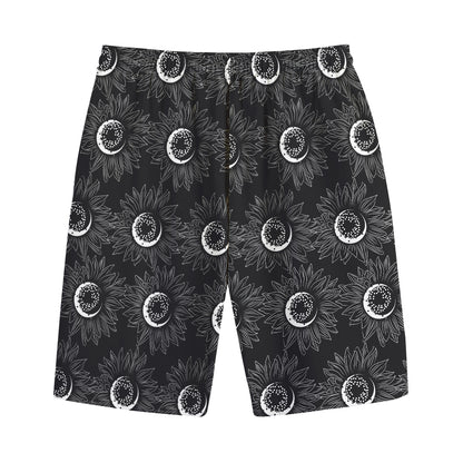 White And Black Sunflower Pattern Print Cotton Shorts