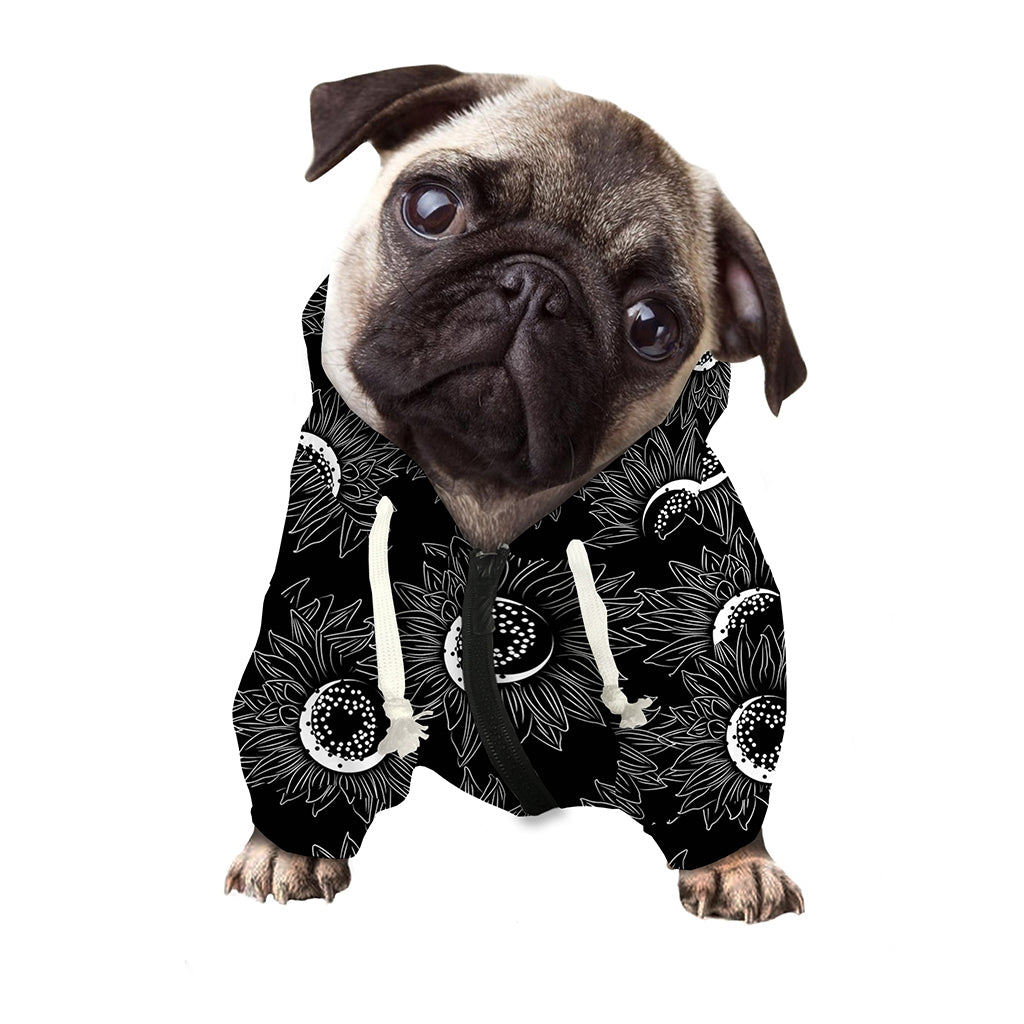 White And Black Sunflower Pattern Print Dog Zip Up Hoodie