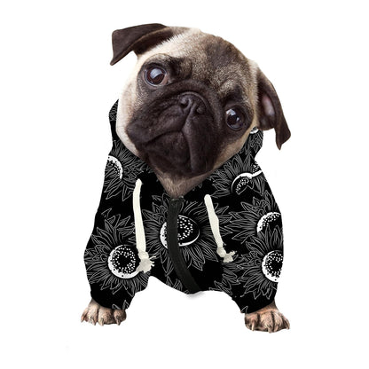 White And Black Sunflower Pattern Print Dog Zip Up Hoodie
