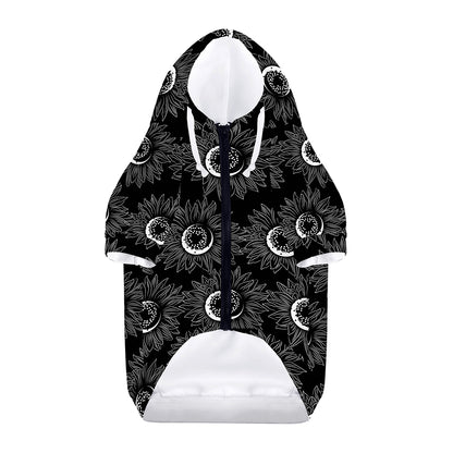 White And Black Sunflower Pattern Print Dog Zip Up Hoodie