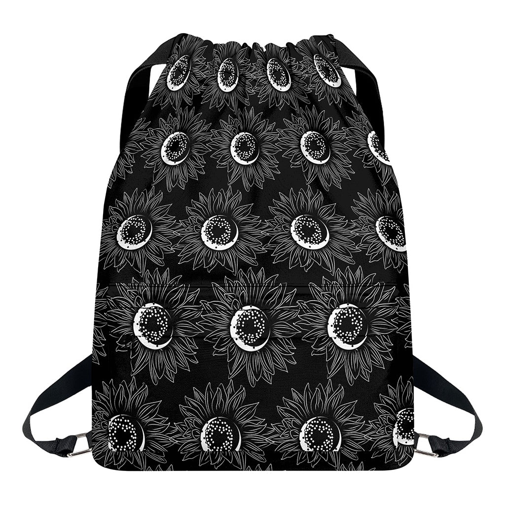 White And Black Sunflower Pattern Print Drawstring Backpack