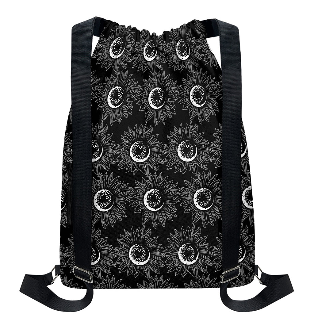 White And Black Sunflower Pattern Print Drawstring Backpack