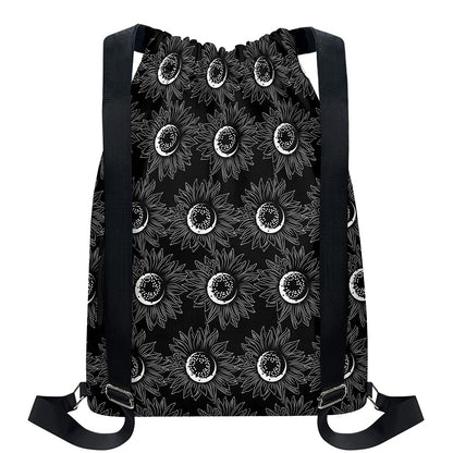 White And Black Sunflower Pattern Print Drawstring Backpack