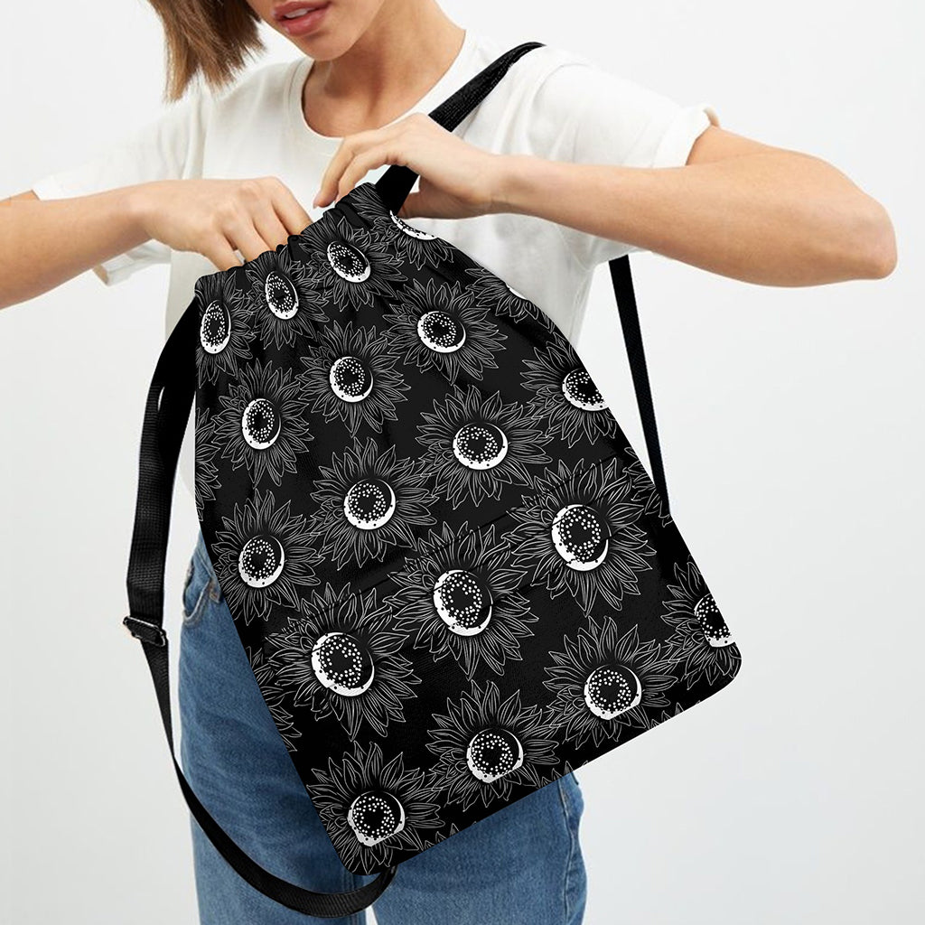 White And Black Sunflower Pattern Print Drawstring Backpack