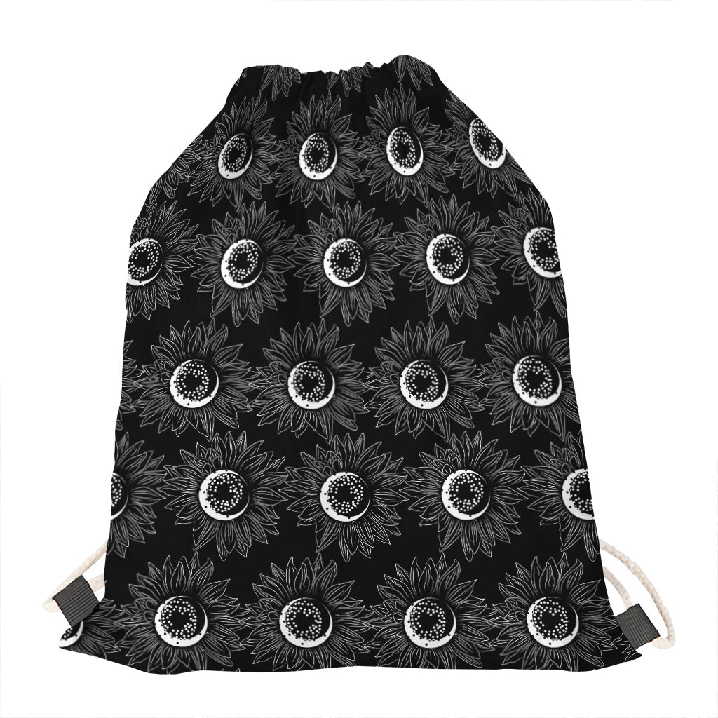 White And Black Sunflower Pattern Print Drawstring Bag